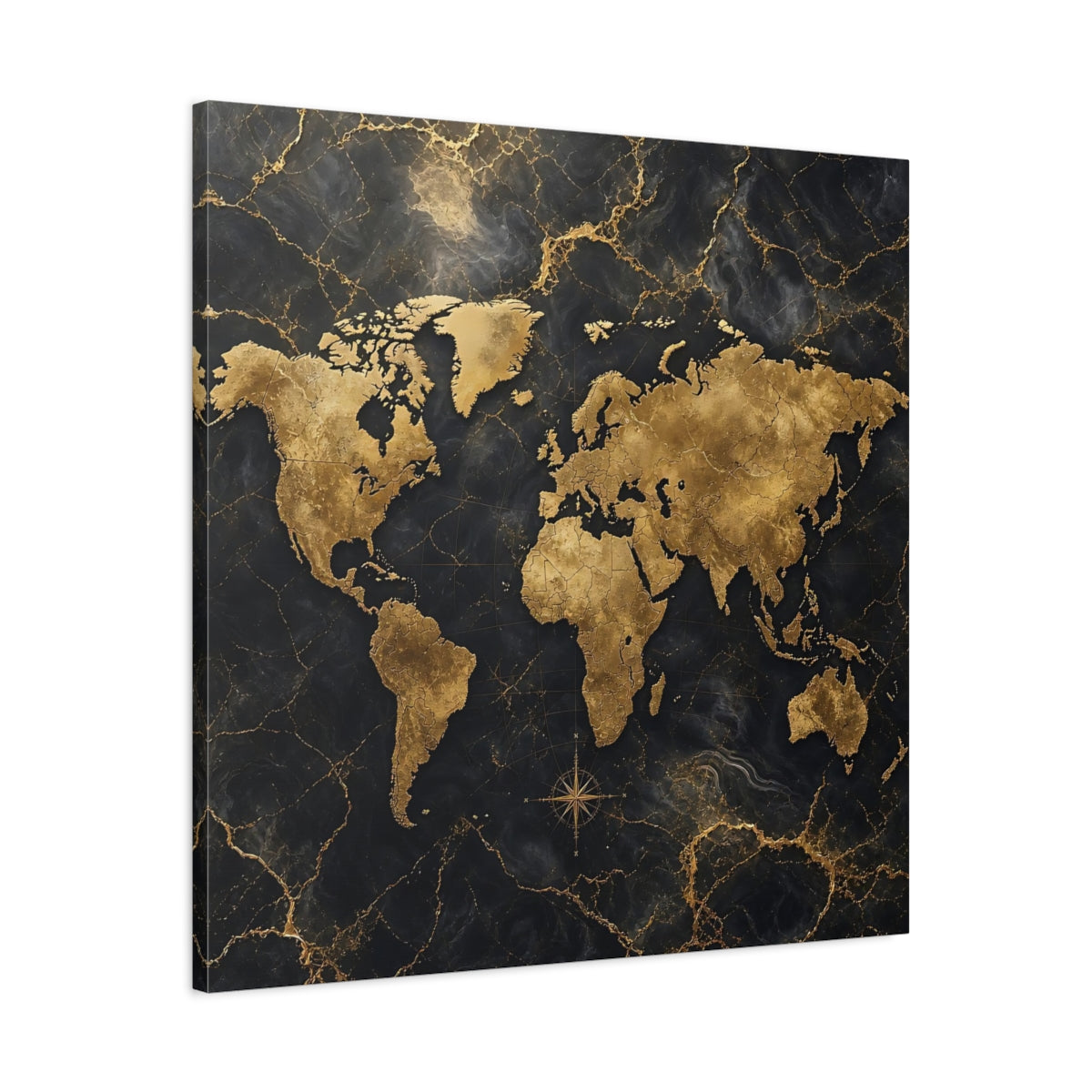 Side Mockup 3. Maps World Map Black And Gold shown as stretched canvas wall art