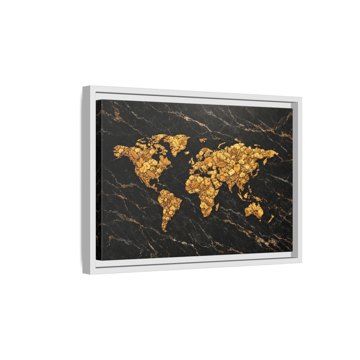 Side Mockup 4. Maps World Map Black And Gold shown as stretched canvas wall art