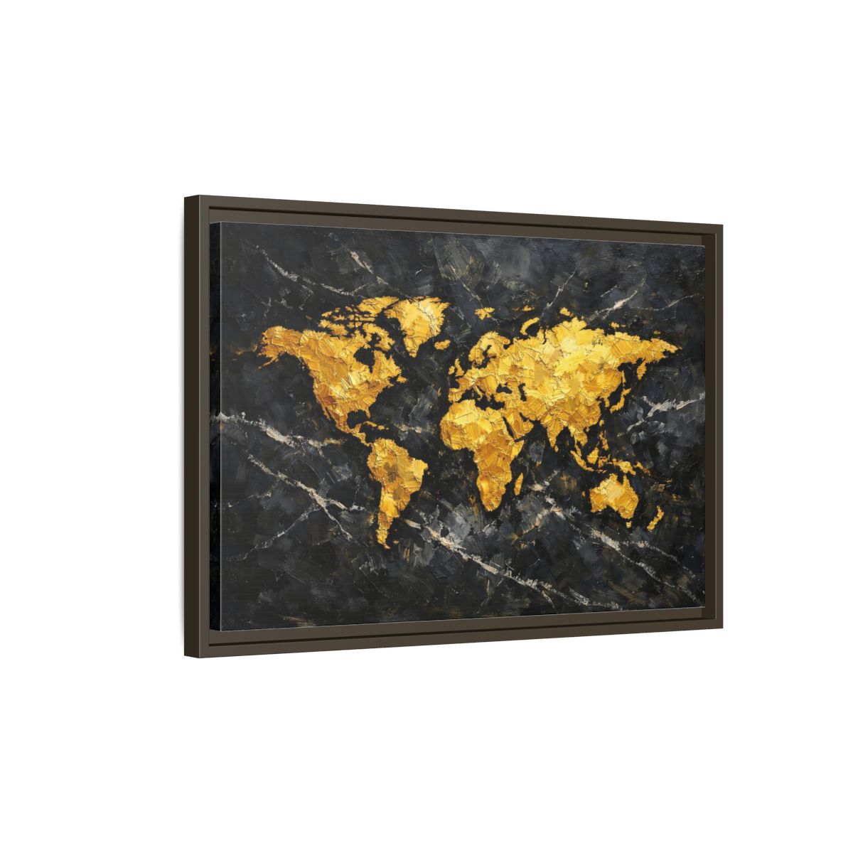 Side Mockup 2. Maps World Map Black And Gold shown as stretched canvas wall art