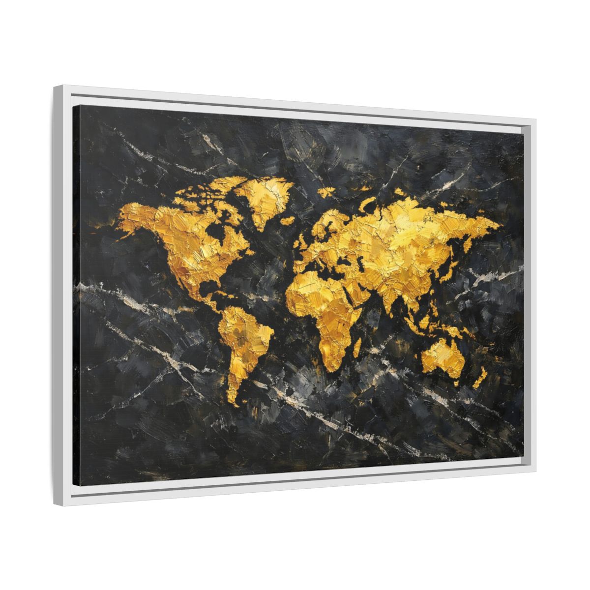 Side Mockup 10. Maps World Map Black And Gold shown as stretched canvas wall art