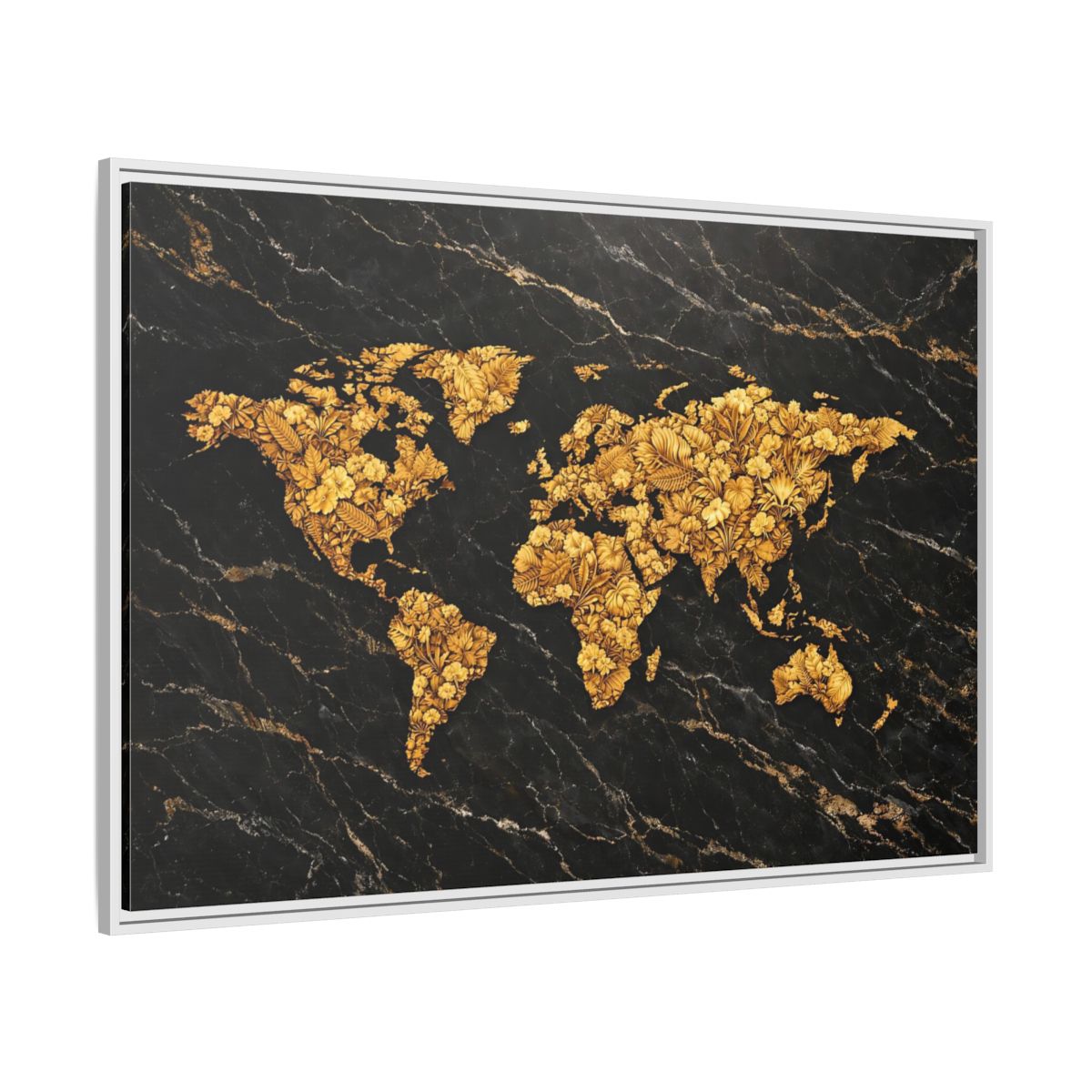 Side Mockup 7. Maps World Map Black And Gold shown as stretched canvas wall art