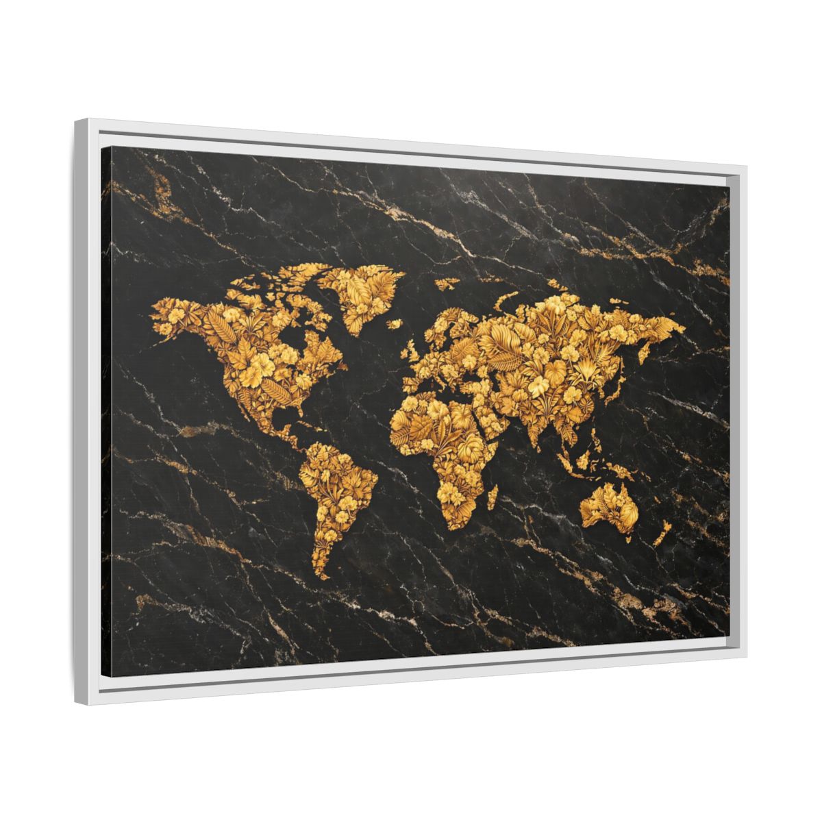 Side Mockup 10. Maps World Map Black And Gold shown as stretched canvas wall art