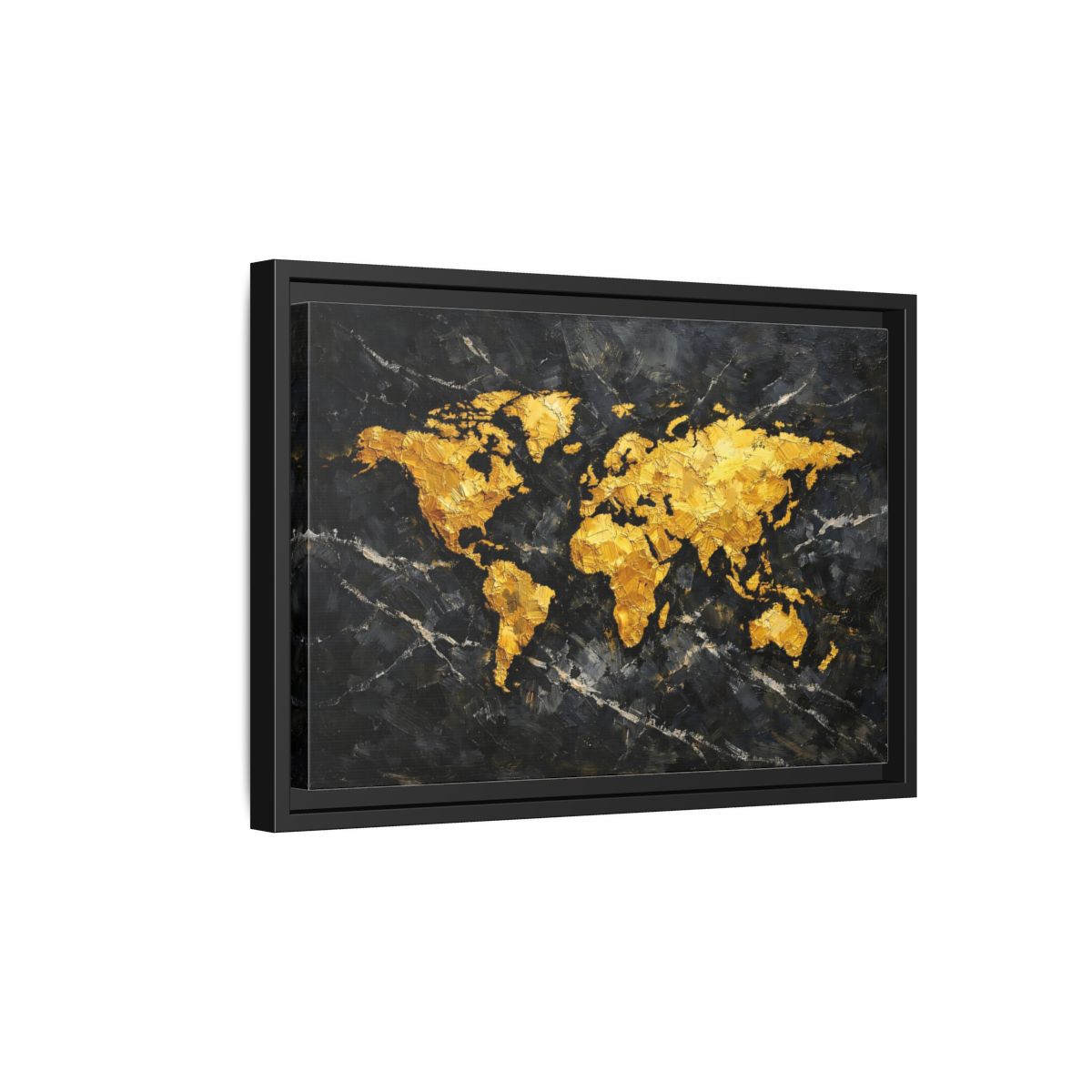 Side Mockup 6. Maps World Map Black And Gold shown as stretched canvas wall art