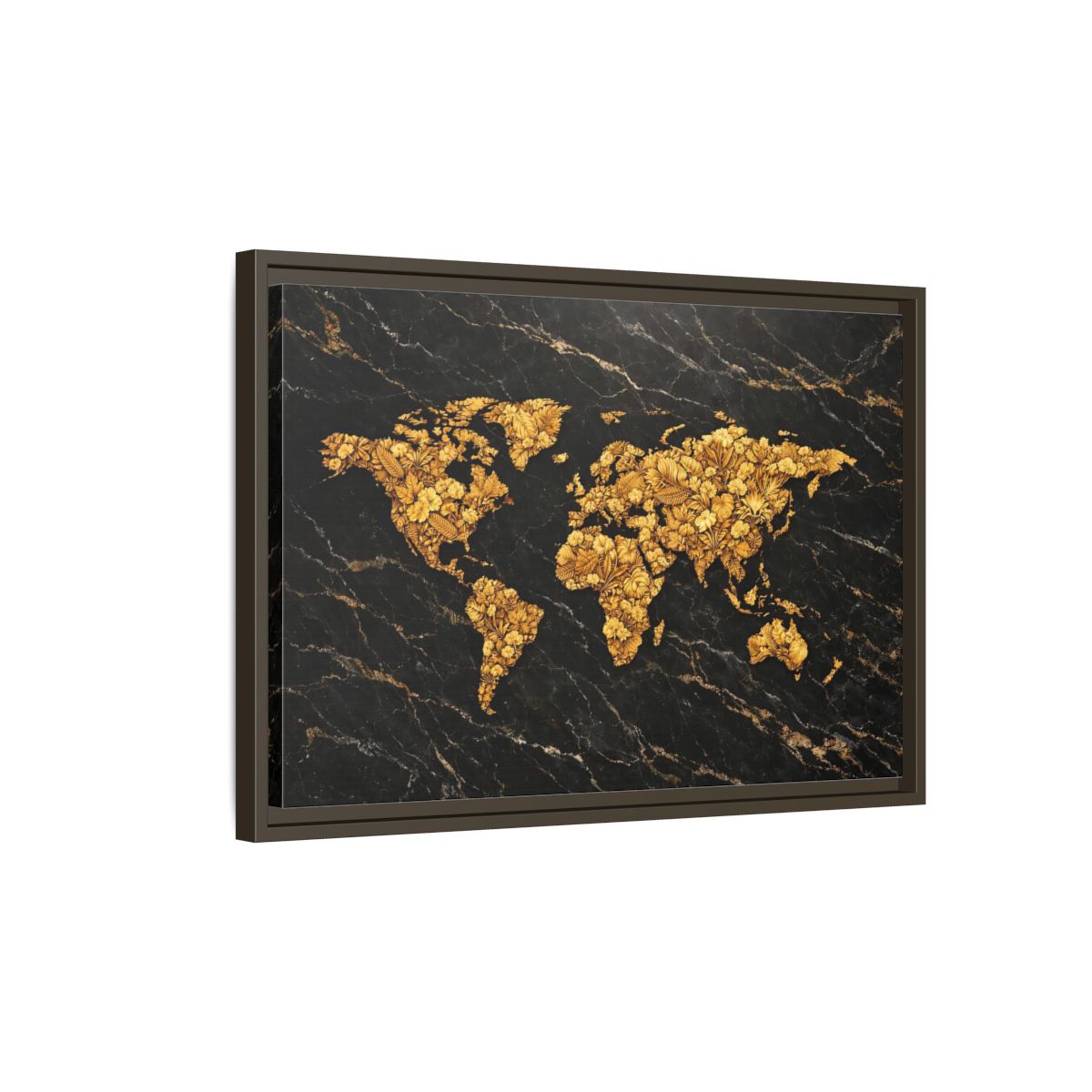 Side Mockup 2. Maps World Map Black And Gold shown as stretched canvas wall art