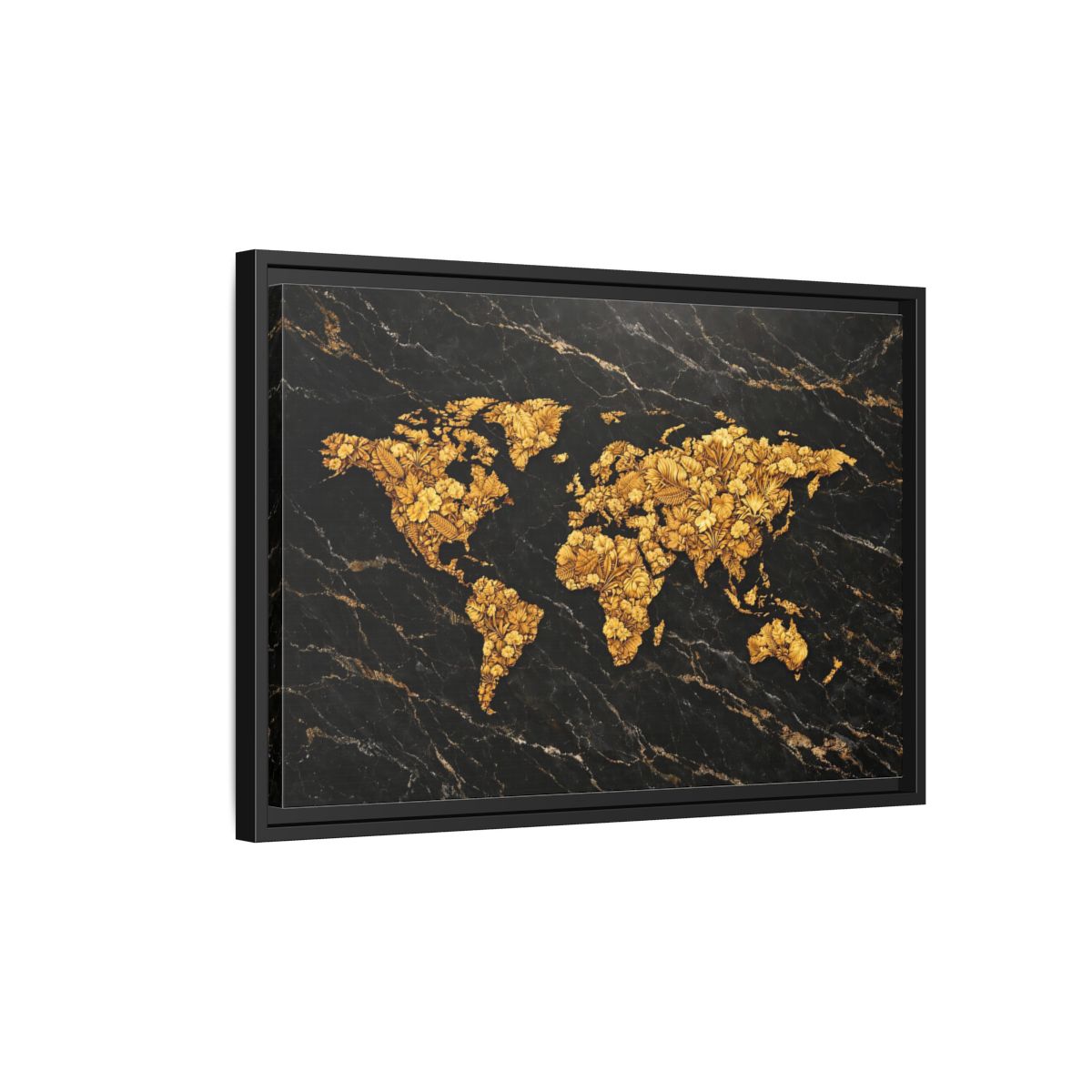 Side Mockup 3. Maps World Map Black And Gold shown as stretched canvas wall art