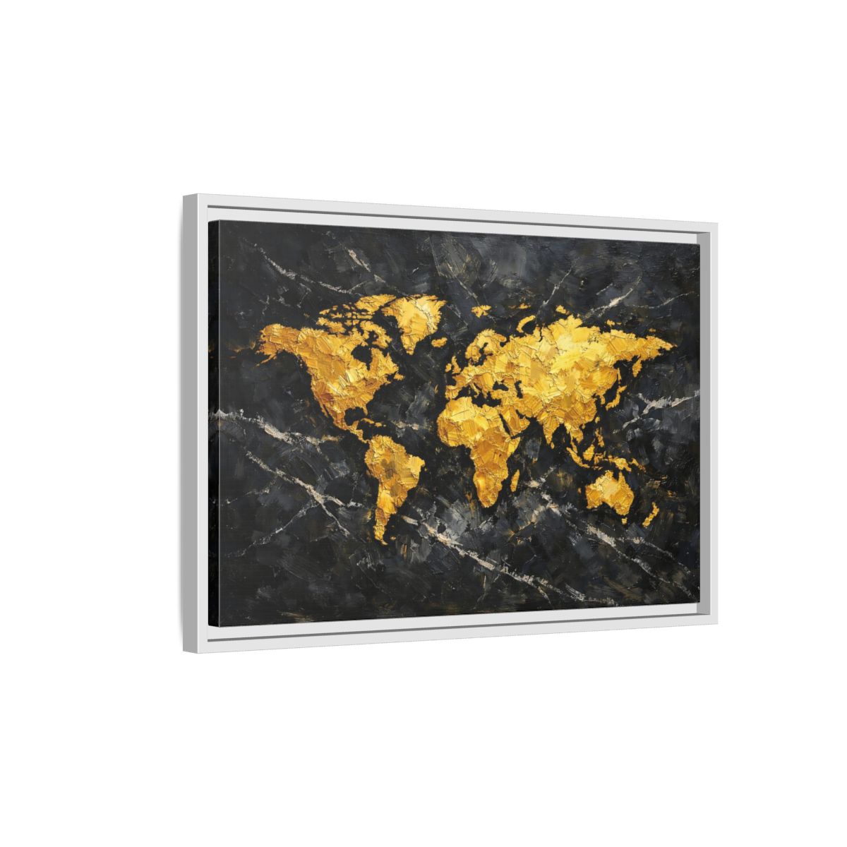 Side Mockup 1. Maps World Map Black And Gold shown as stretched canvas wall art