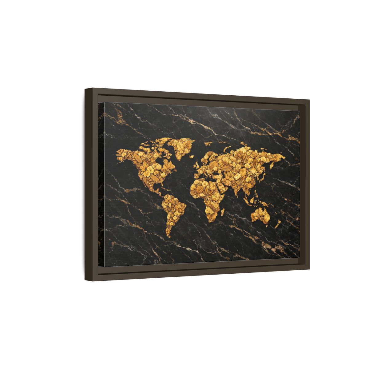 Side Mockup 5. Maps World Map Black And Gold shown as stretched canvas wall art