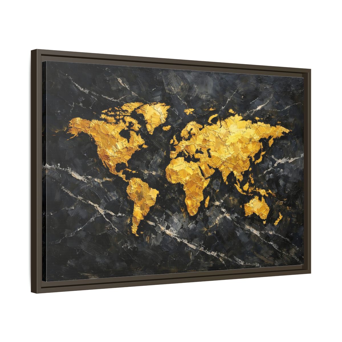Side Mockup 11. Maps World Map Black And Gold shown as stretched canvas wall art