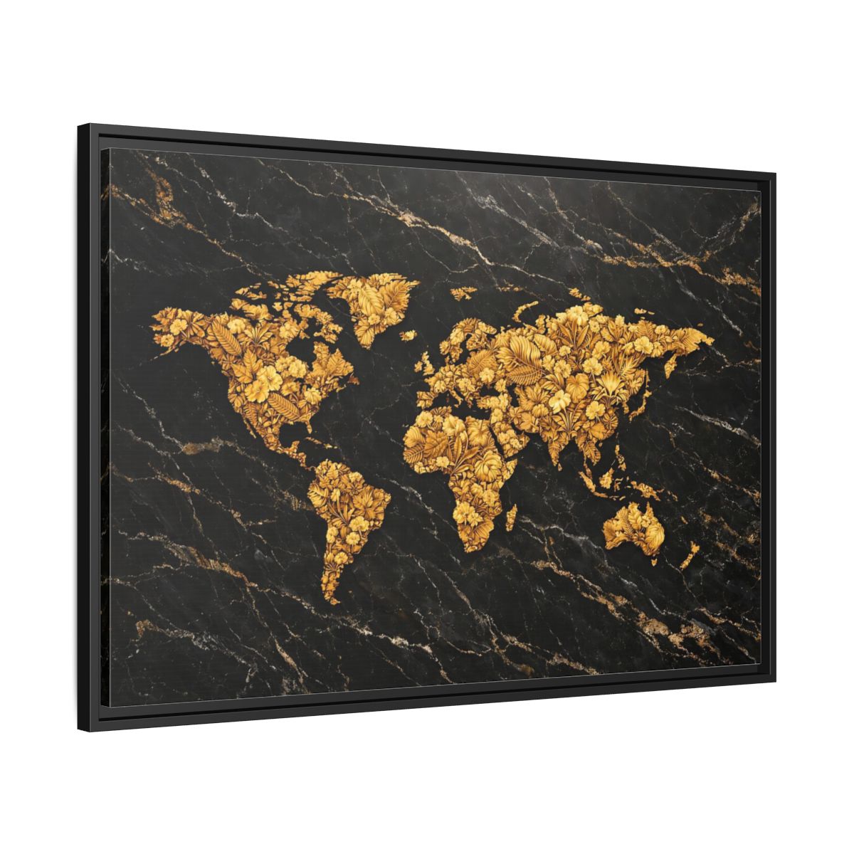 Side Mockup 13. Maps World Map Black And Gold shown as stretched canvas wall art