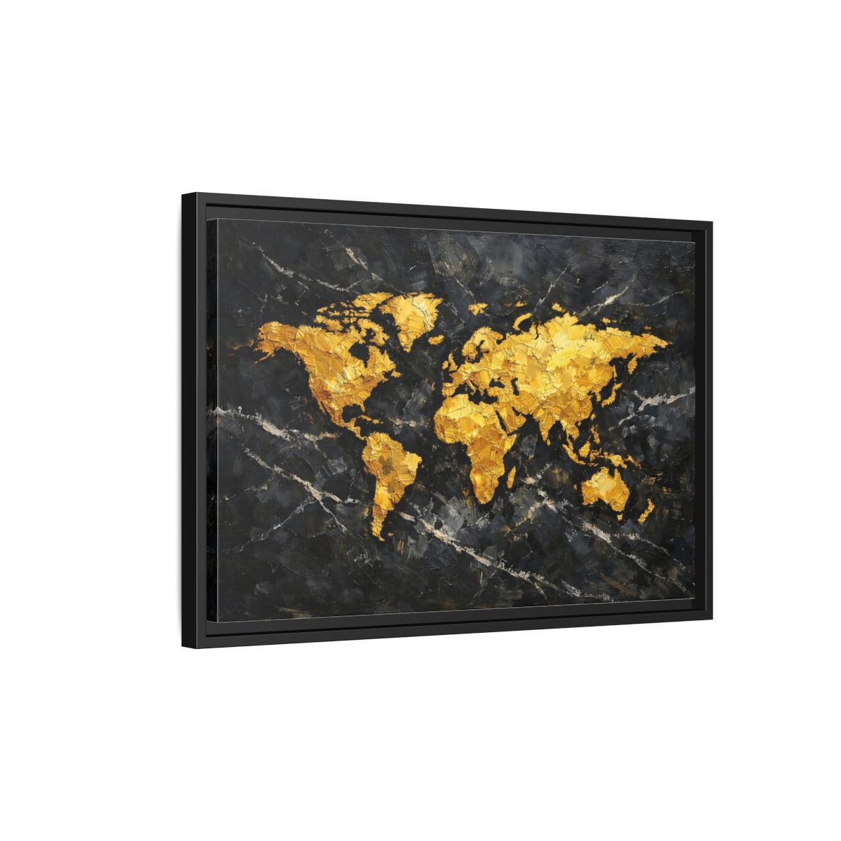 Side Mockup 3. Maps World Map Black And Gold shown as stretched canvas wall art
