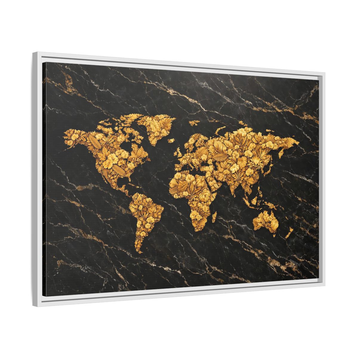 Side Mockup 8. Maps World Map Black And Gold shown as stretched canvas wall art