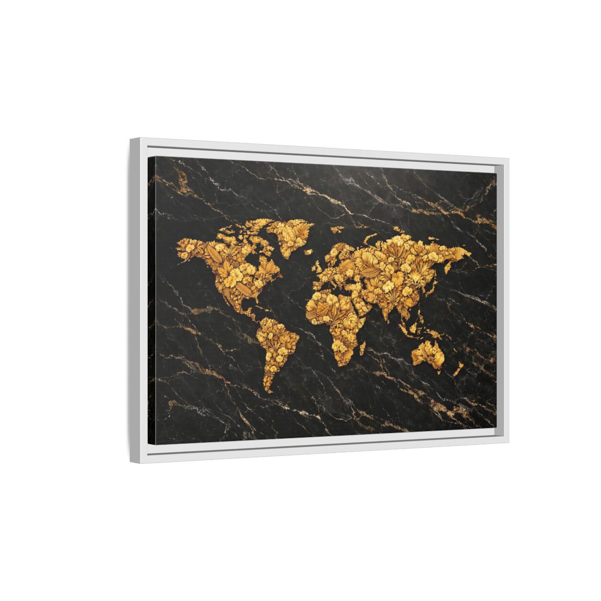 Side Mockup 1. Maps World Map Black And Gold shown as stretched canvas wall art