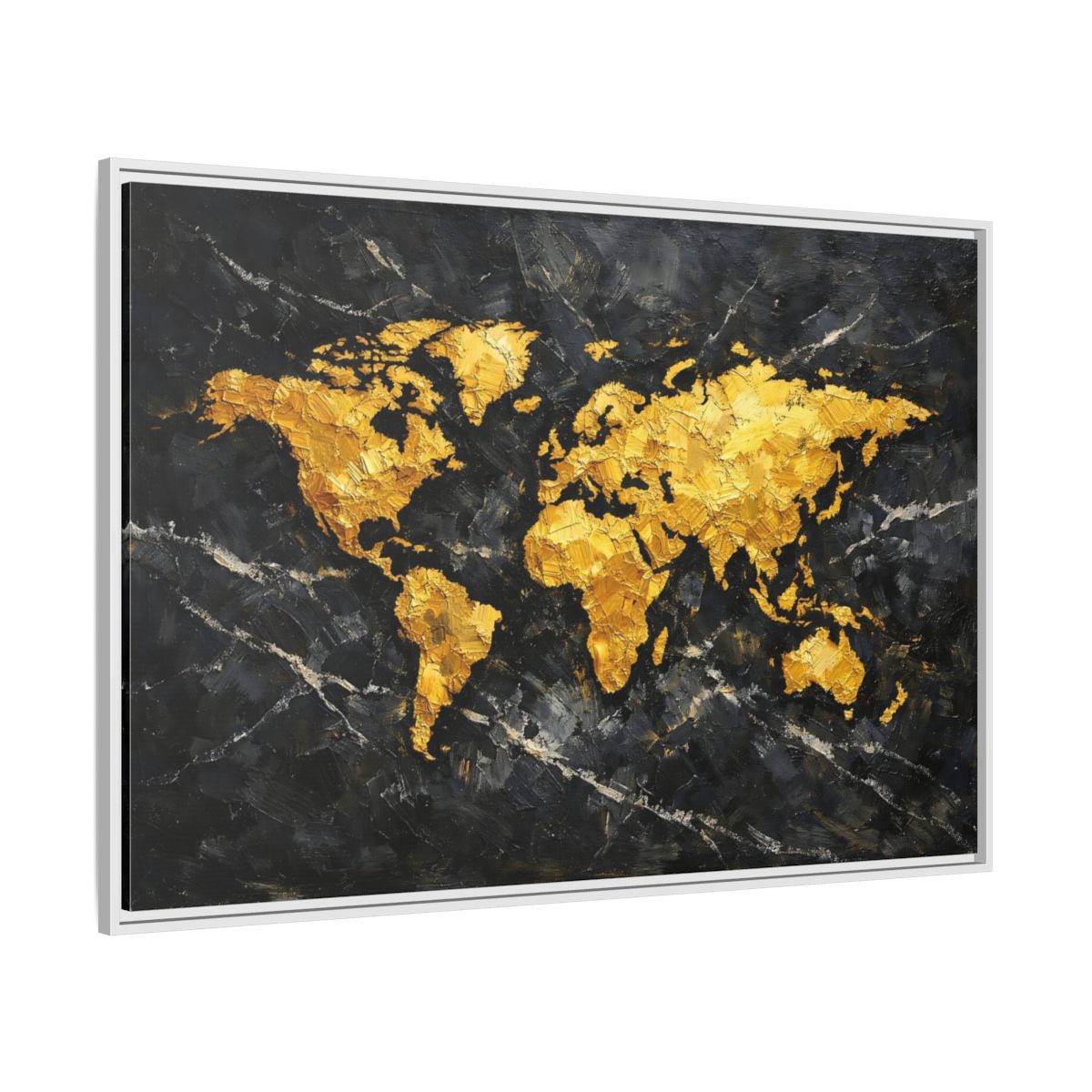 Side Mockup 7. Maps World Map Black And Gold shown as stretched canvas wall art