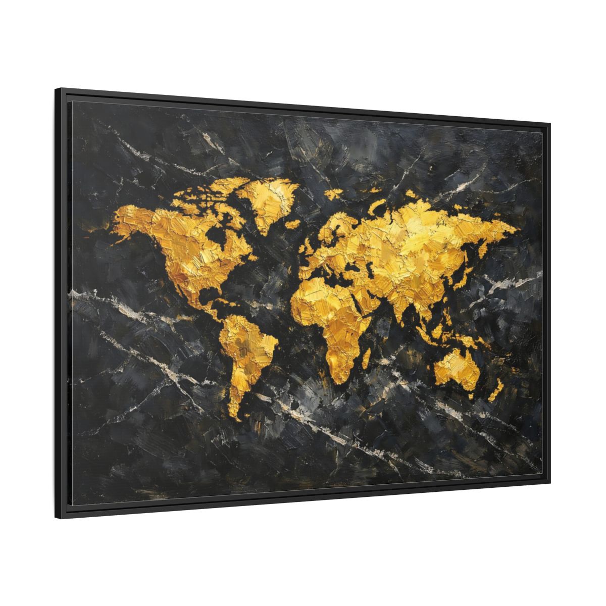Side Mockup 12. Maps World Map Black And Gold shown as stretched canvas wall art