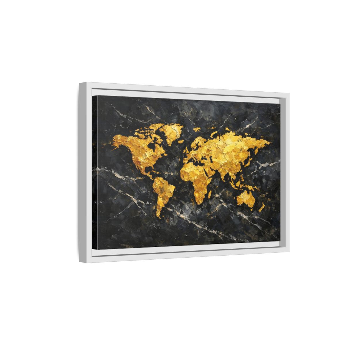 Side Mockup 4. Maps World Map Black And Gold shown as stretched canvas wall art