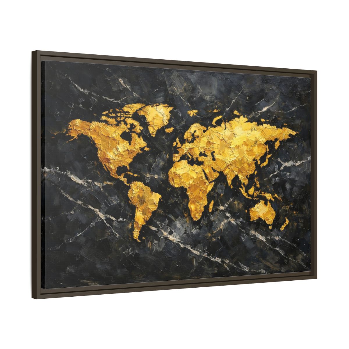 Side Mockup 9. Maps World Map Black And Gold shown as stretched canvas wall art