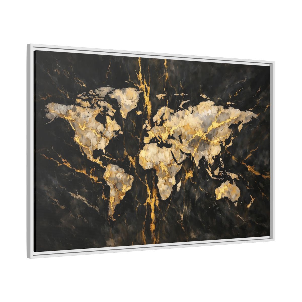 Side Mockup 7. Maps World Map Black Gold Map shown as stretched canvas wall art