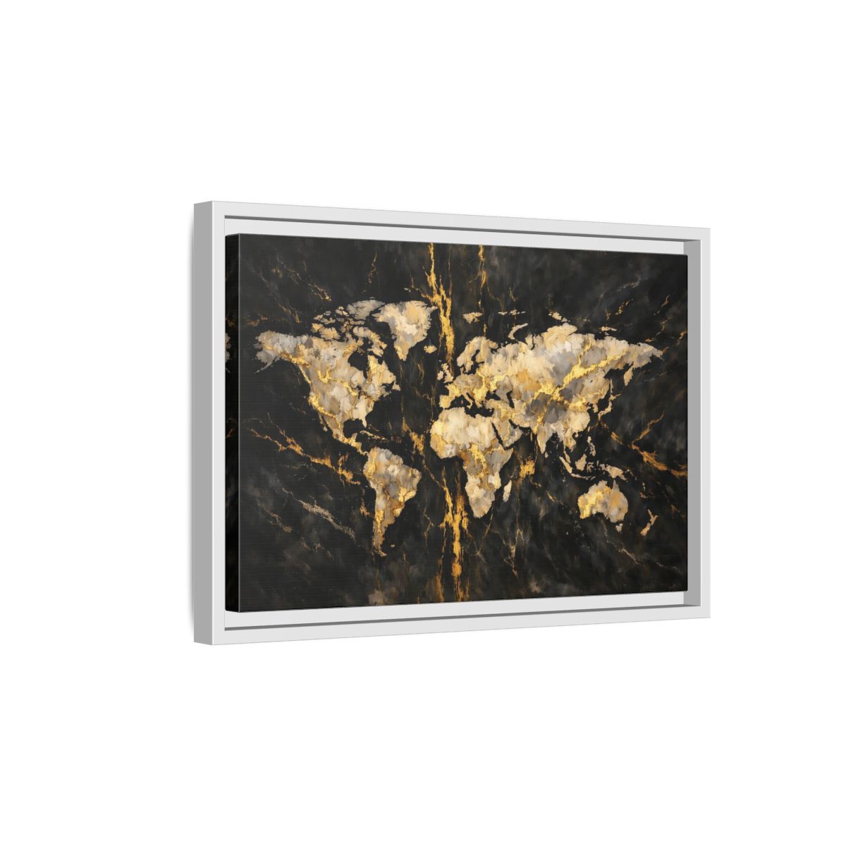 Side Mockup 4. Maps World Map Black Gold Map shown as stretched canvas wall art