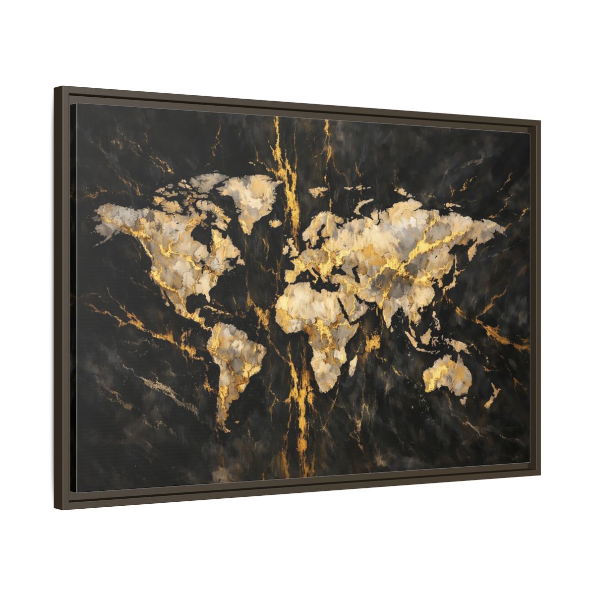 Side Mockup 9. Maps World Map Black Gold Map shown as stretched canvas wall art