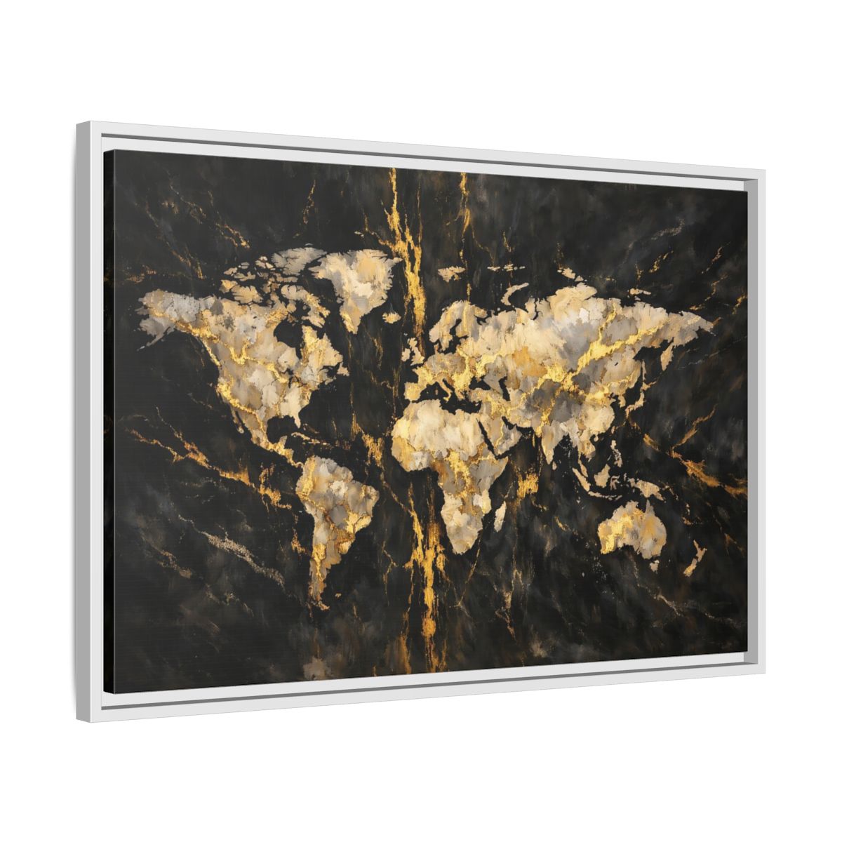 Side Mockup 10. Maps World Map Black Gold Map shown as stretched canvas wall art