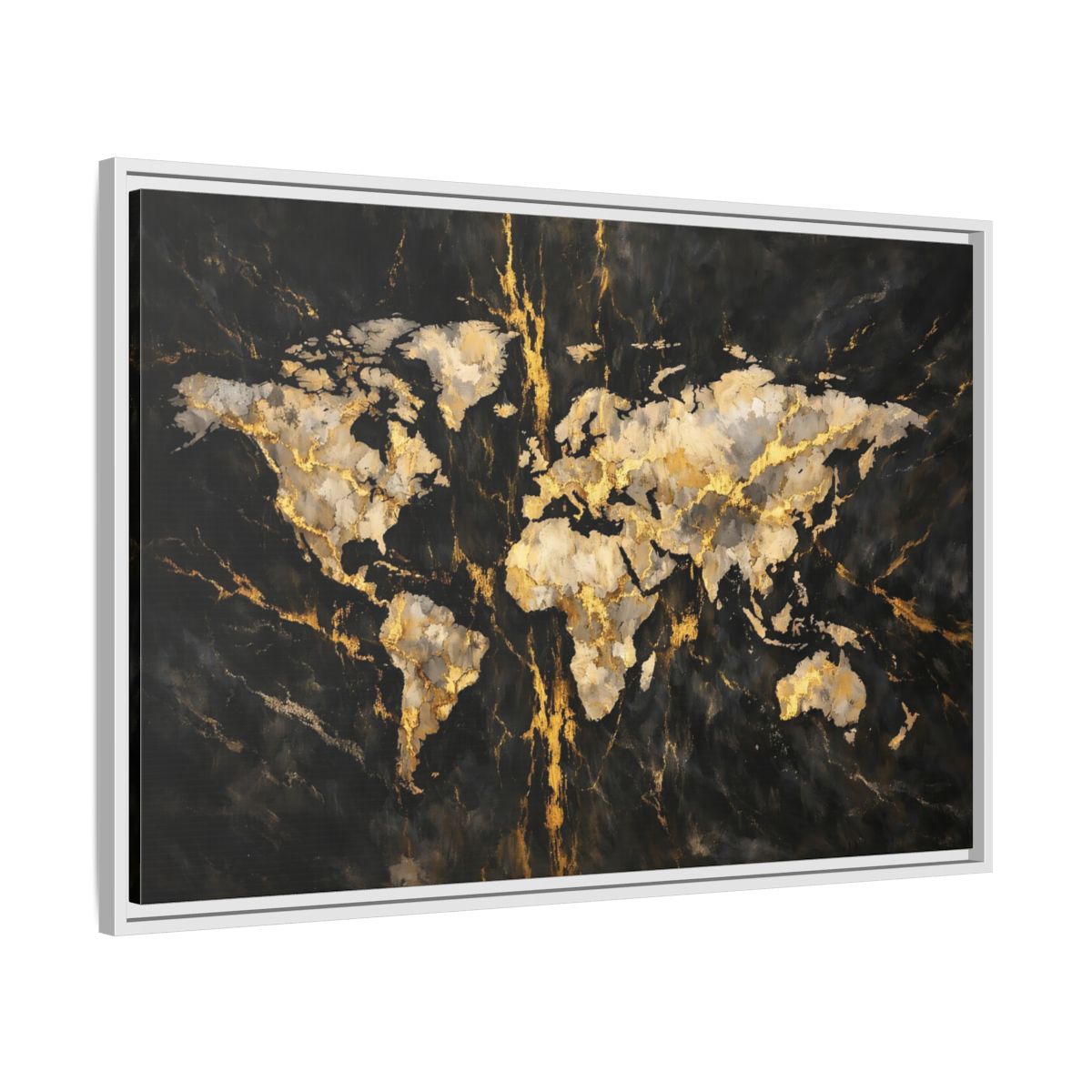 Side Mockup 8. Maps World Map Black Gold Map shown as stretched canvas wall art