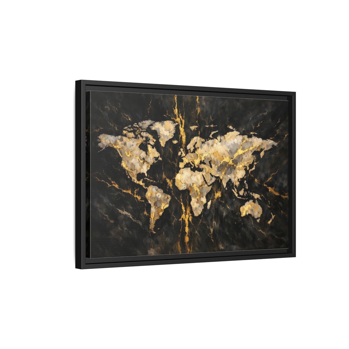 Side Mockup 3. Maps World Map Black Gold Map shown as stretched canvas wall art