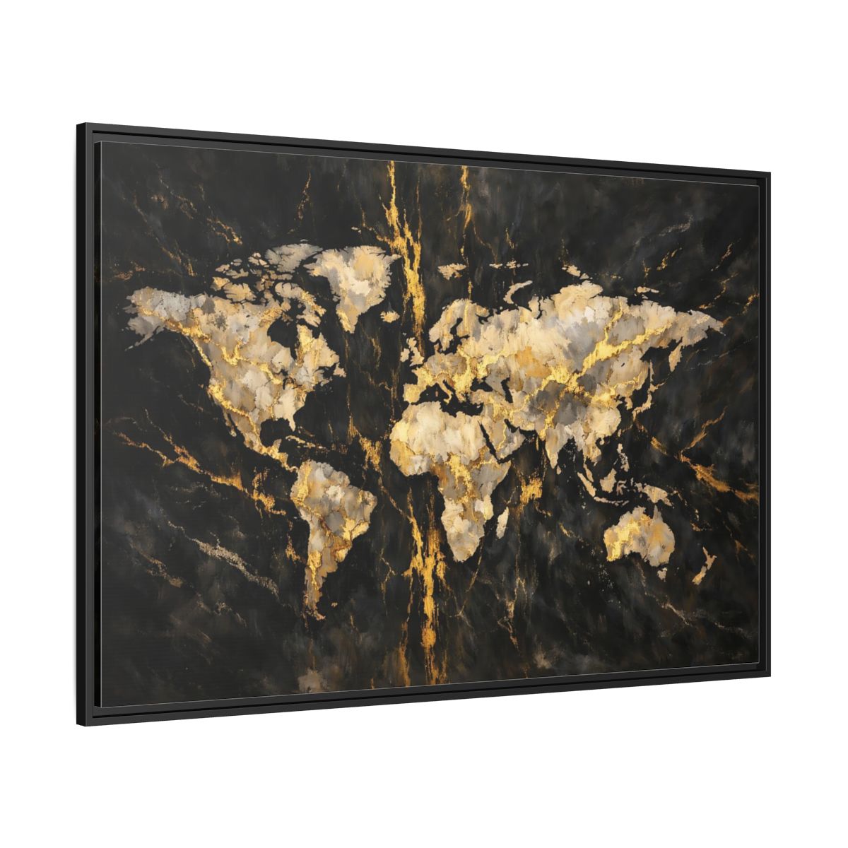 Side Mockup 12. Maps World Map Black Gold Map shown as stretched canvas wall art