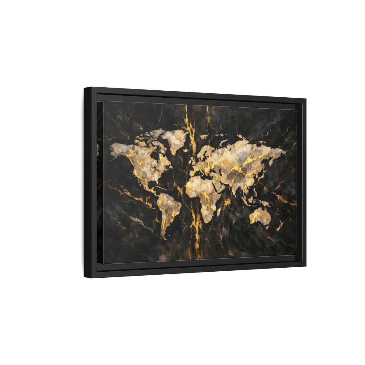 Side Mockup 6. Maps World Map Black Gold Map shown as stretched canvas wall art