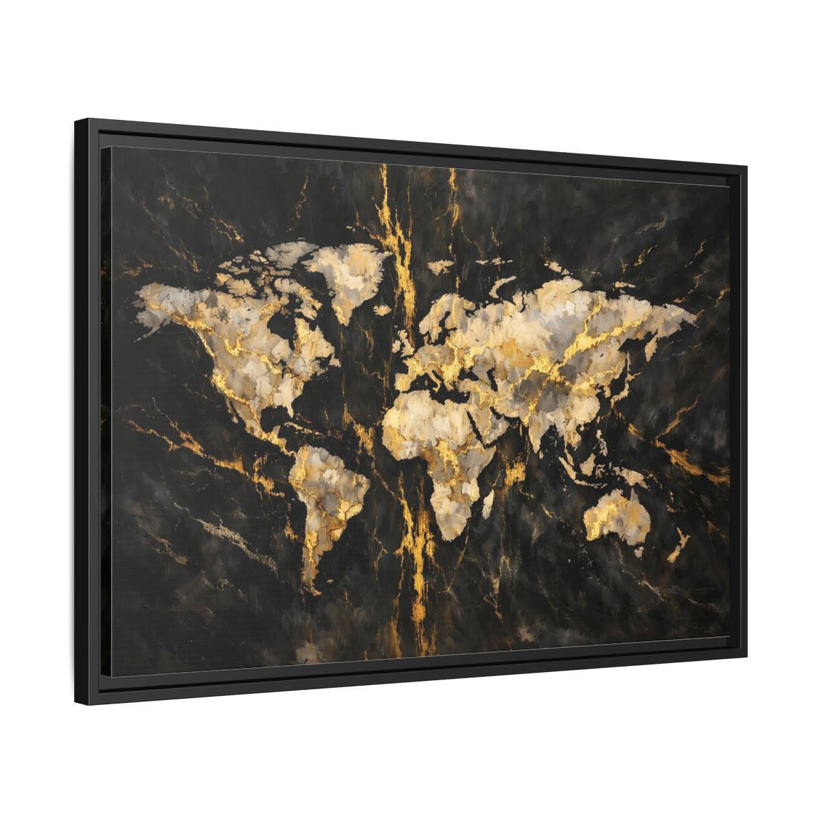 Side Mockup 14. Maps World Map Black Gold Map shown as stretched canvas wall art