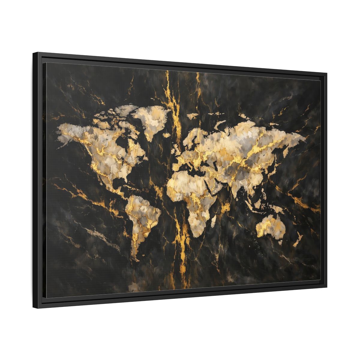 Side Mockup 13. Maps World Map Black Gold Map shown as stretched canvas wall art