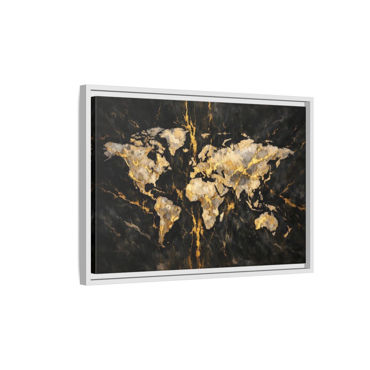 Side Mockup 1. Maps World Map Black Gold Map shown as stretched canvas wall art
