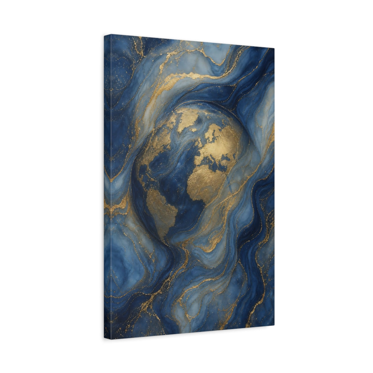 Side Mockup 3. Maps World Map Blue And Gold World Map shown as stretched canvas wall art