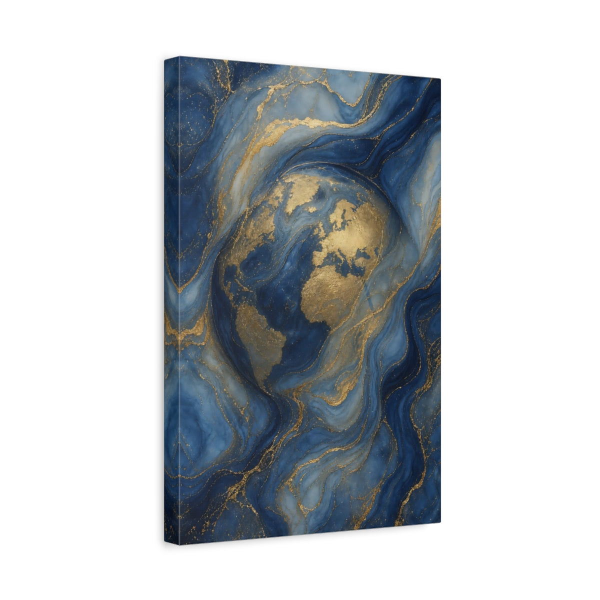 Side Mockup 4. Maps World Map Blue And Gold World Map shown as stretched canvas wall art