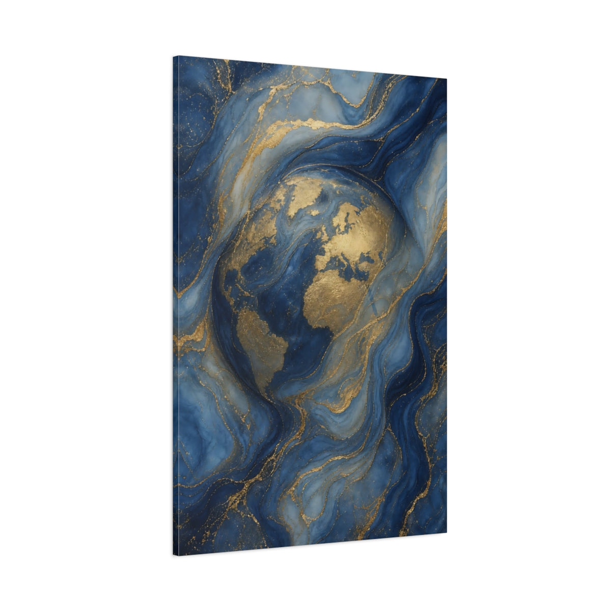 Side Mockup 1. Maps World Map Blue And Gold World Map shown as stretched canvas wall art