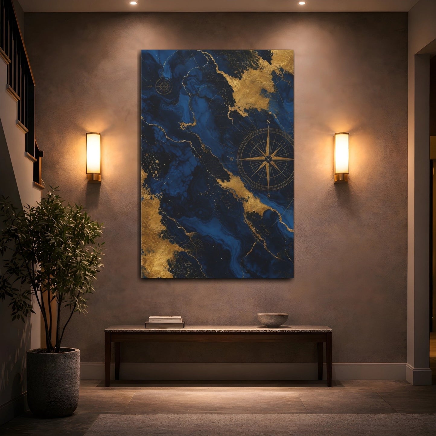Maps World Blue And Gold Canvas Print – Living Room, Large Wall, - YesArtYes