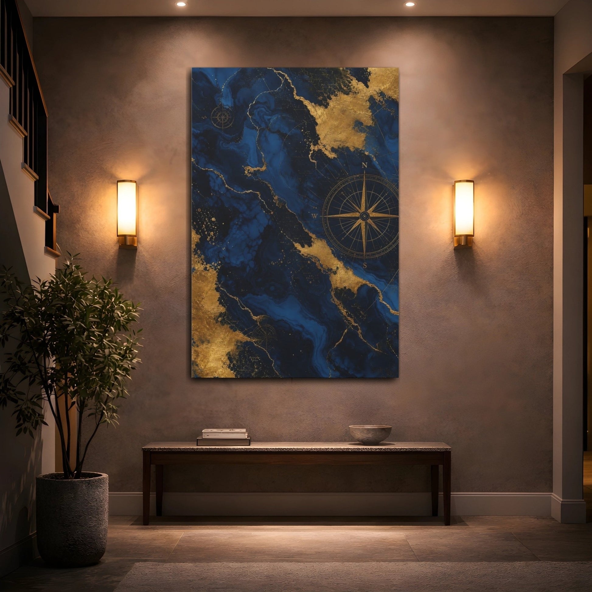 Maps World Blue And Gold Canvas Print – Living Room, Large Wall, - YesArtYes