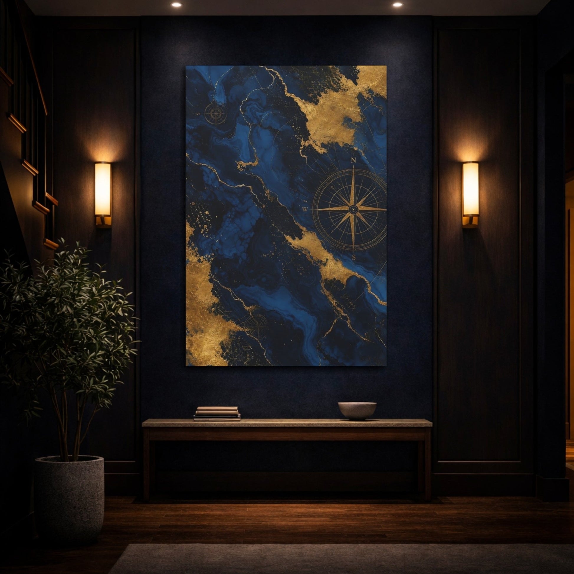 Maps World Blue And Gold Canvas Print – Living Room, Large Wall, - YesArtYes