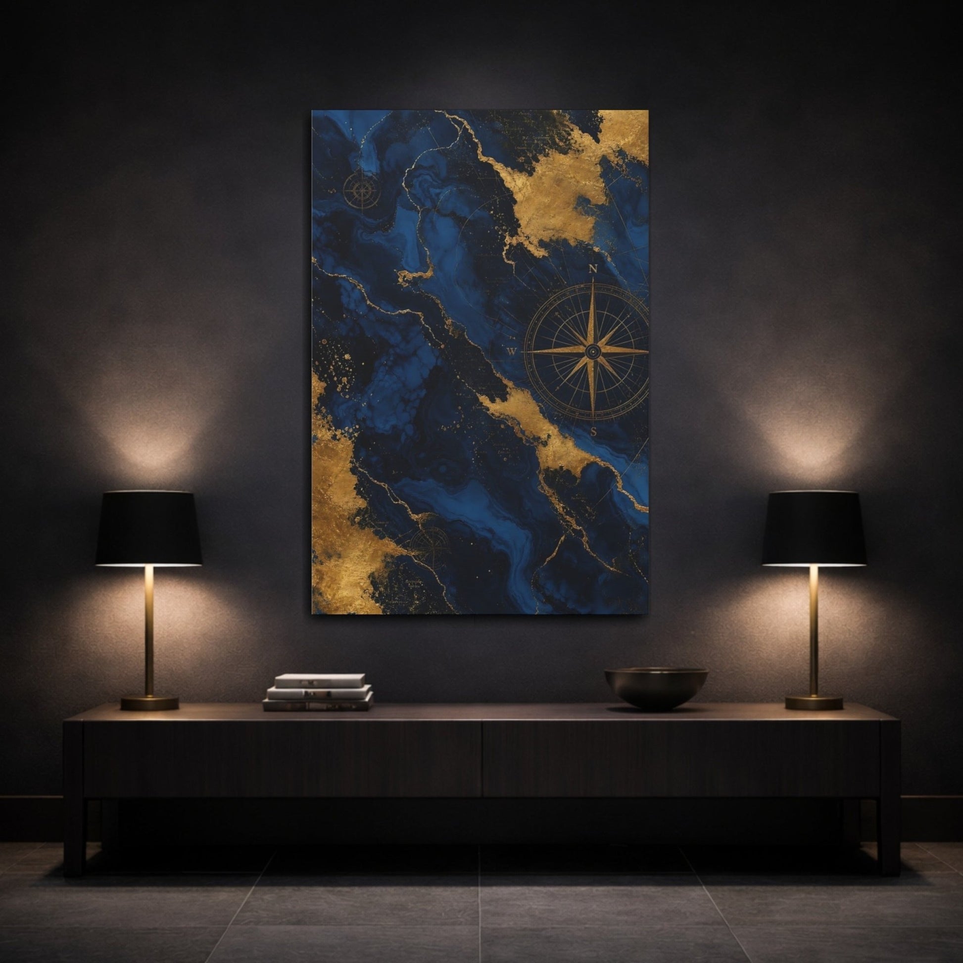 Maps World Blue And Gold Canvas Print – Living Room, Large Wall, - YesArtYes