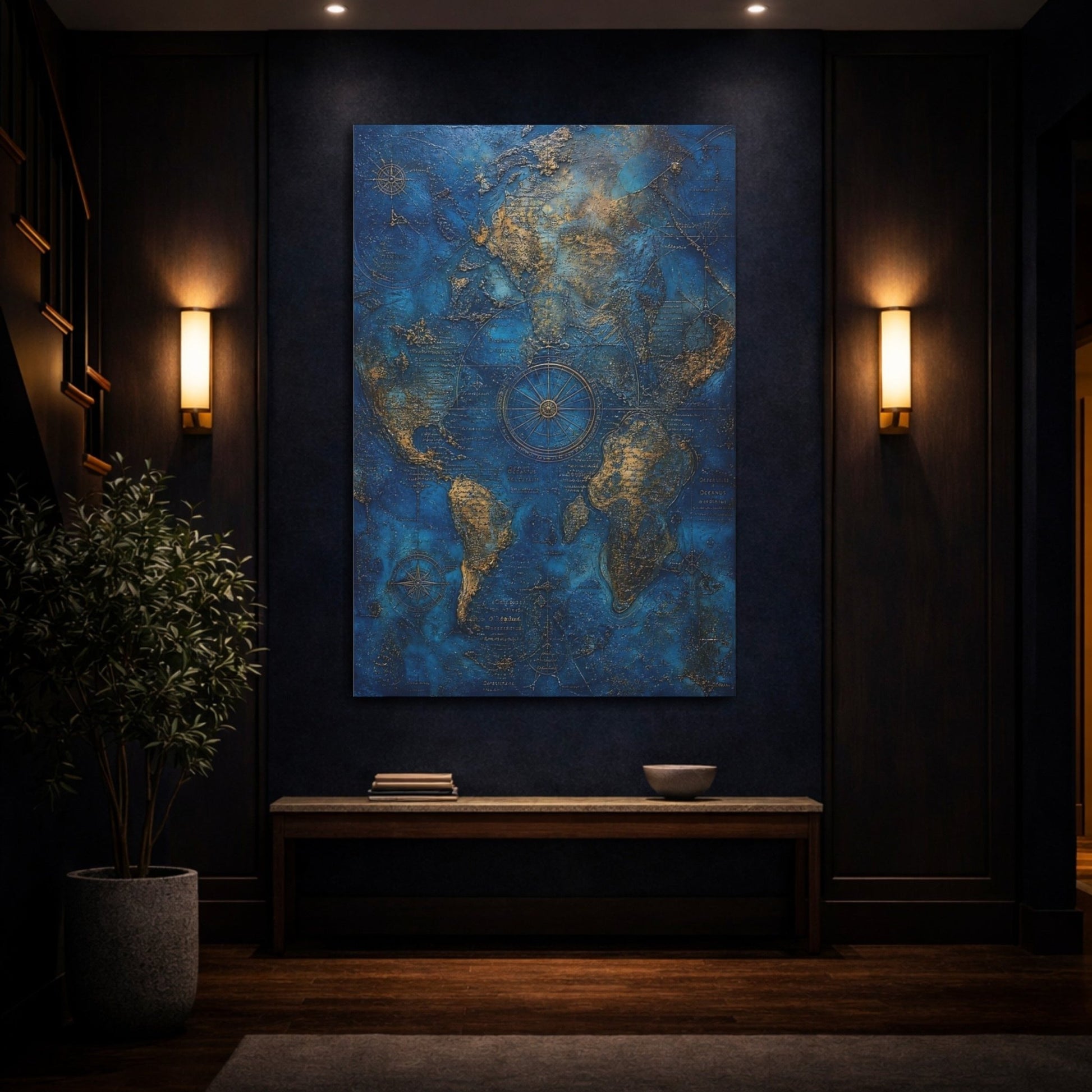 Maps World Blue And Gold Canvas Print – Vintage Living Room, Above Console Table - YesArtYes