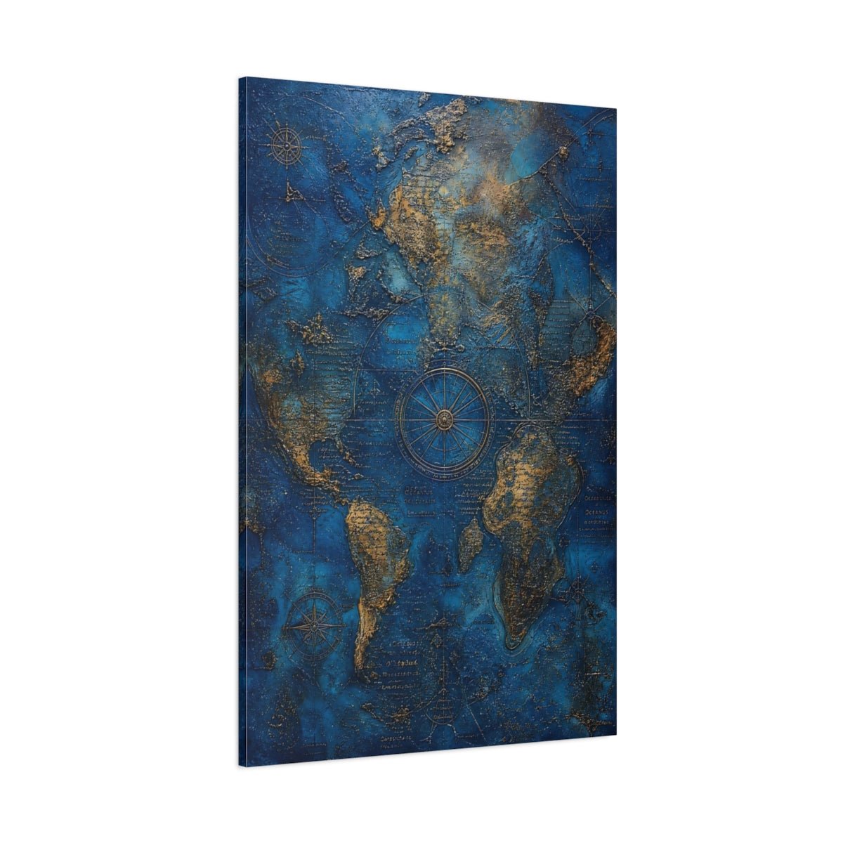 Maps World Blue And Gold Canvas Print – Vintage Living Room, Above Console Table - YesArtYes