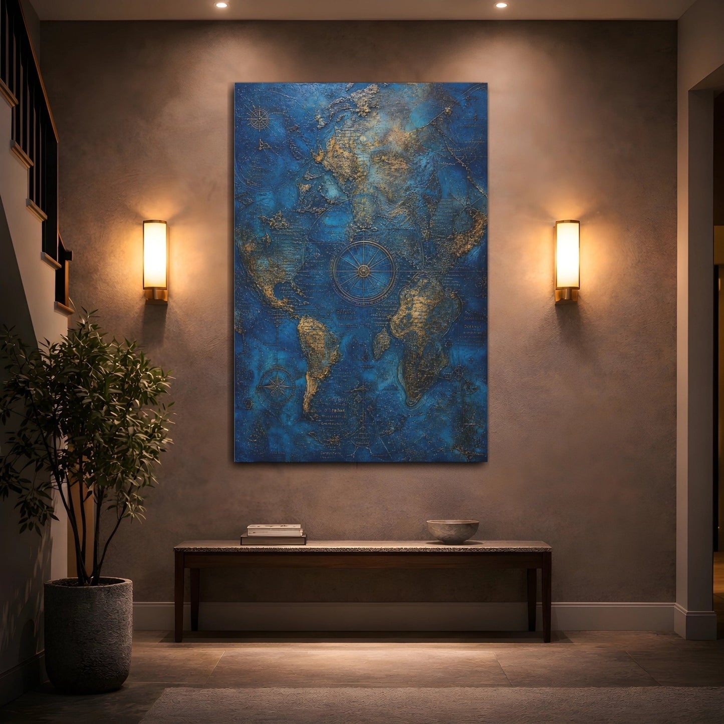 Maps World Blue And Gold Canvas Print – Vintage Living Room, Above Console Table - YesArtYes