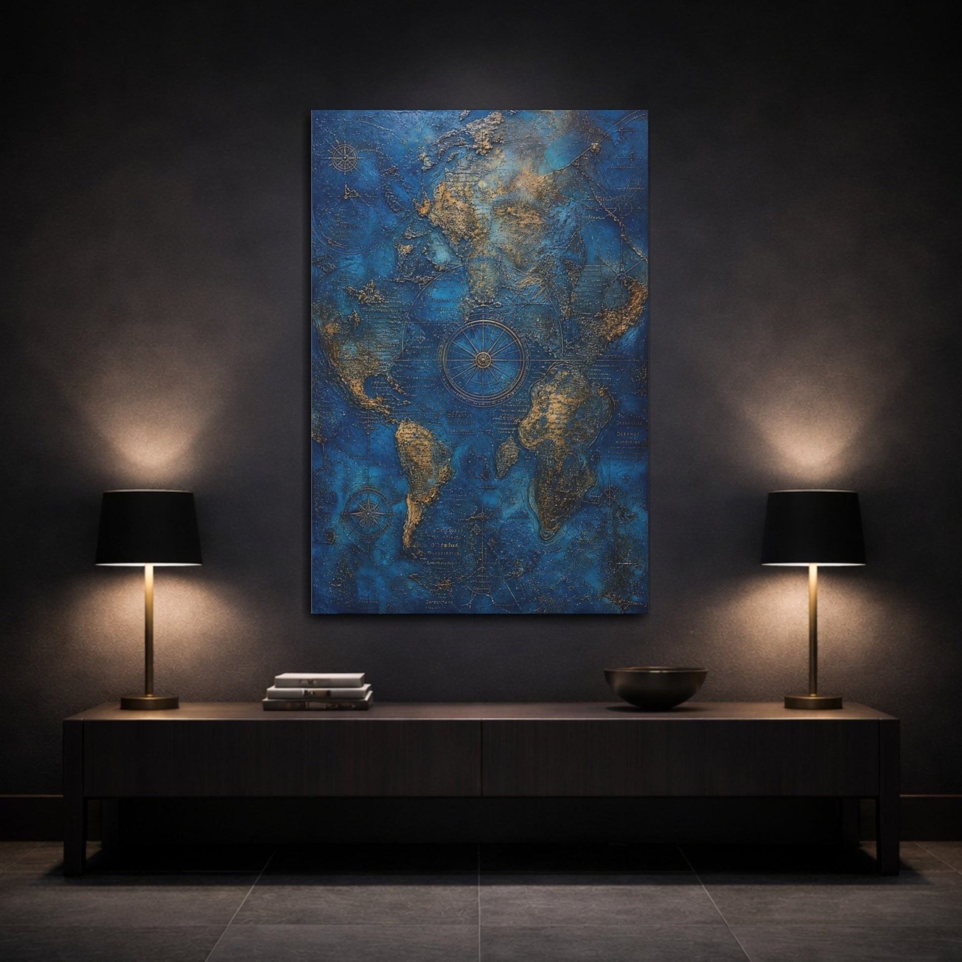 Maps World Blue And Gold Canvas Print – Vintage Living Room, Above Console Table - YesArtYes