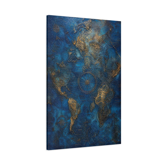 Maps World Blue And Gold Canvas Print – Vintage Living Room, Above Console Table - YesArtYes