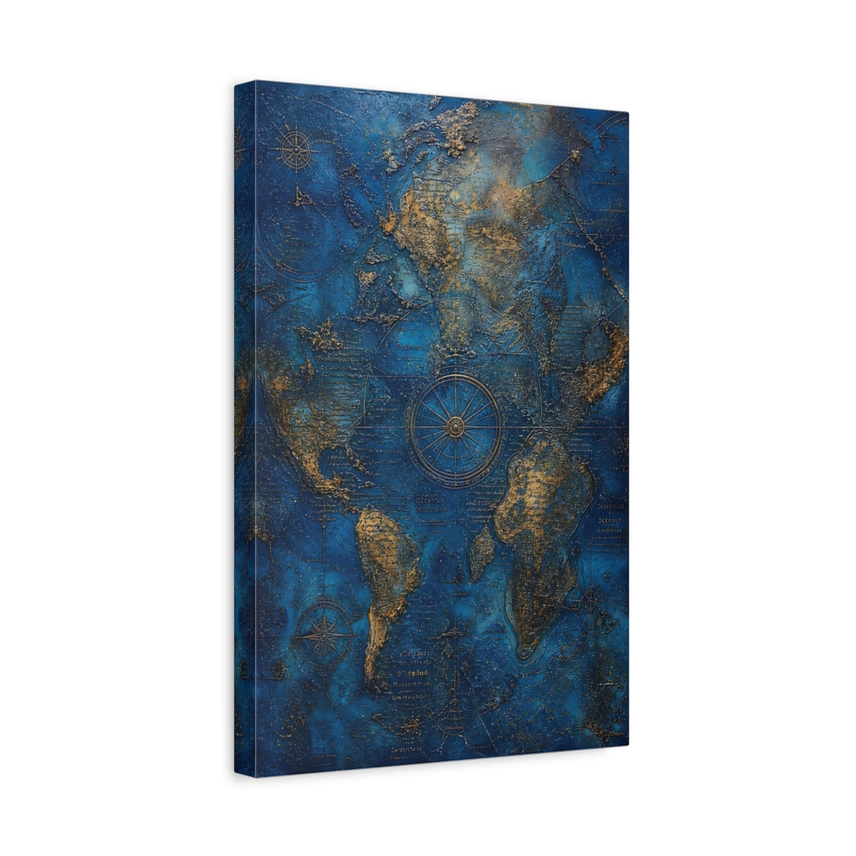 Side Mockup 4. Maps World Map Blue And Gold shown as stretched canvas wall art