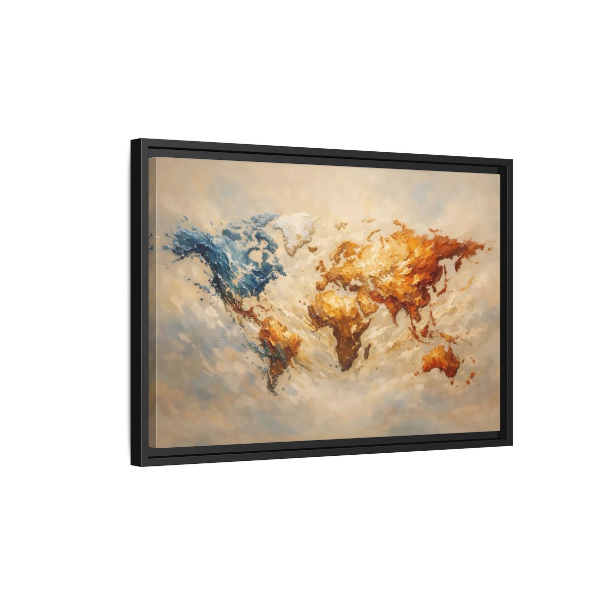 Side Mockup 3. Maps World Map Blue And Gold Map shown as stretched canvas wall art