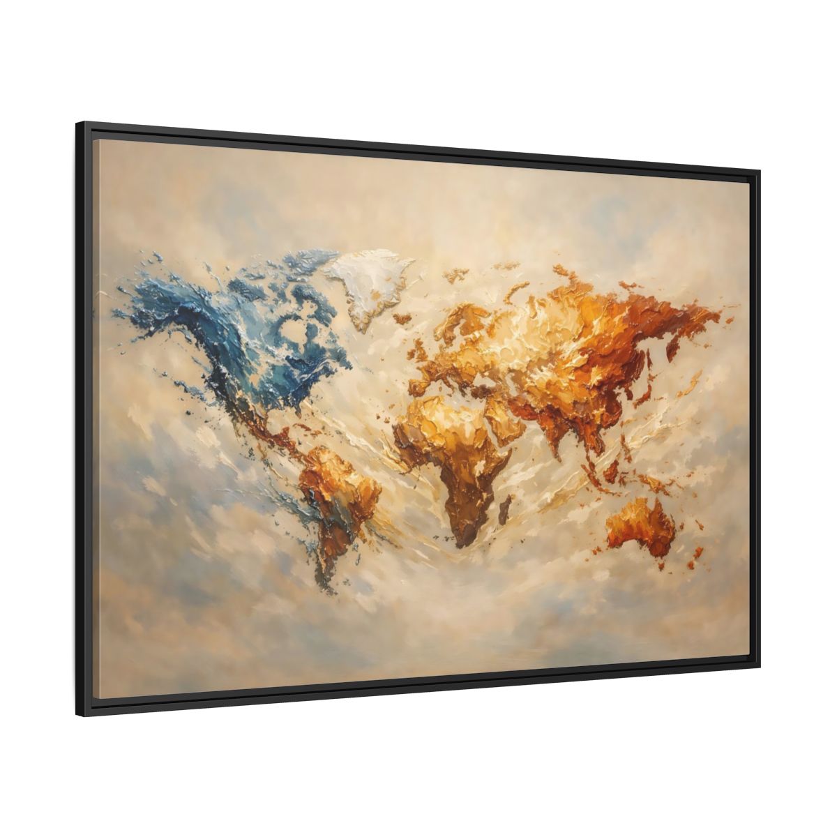 Side Mockup 12. Maps World Map Blue And Gold Map shown as stretched canvas wall art
