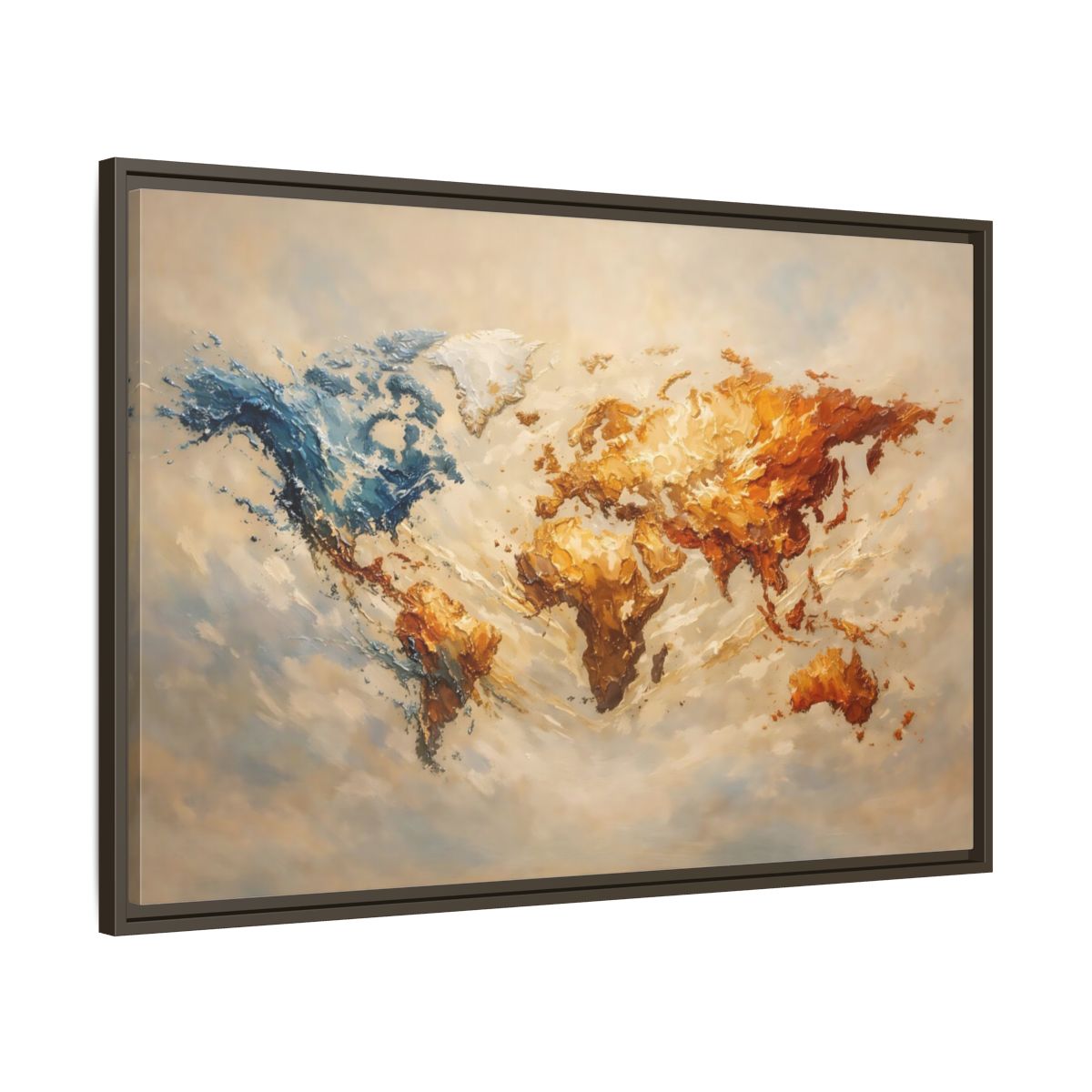 Side Mockup 9. Maps World Map Blue And Gold Map shown as stretched canvas wall art
