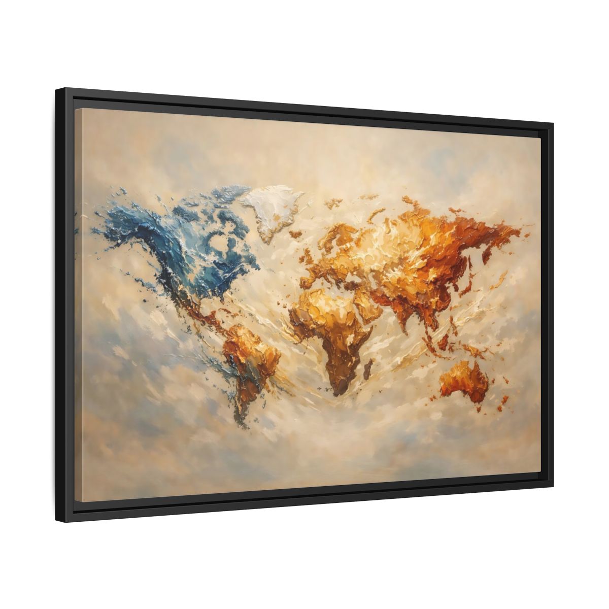 Side Mockup 14. Maps World Map Blue And Gold Map shown as stretched canvas wall art