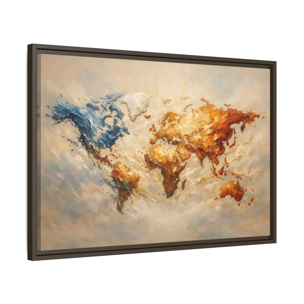 Side Mockup 11. Maps World Map Blue And Gold Map shown as stretched canvas wall art