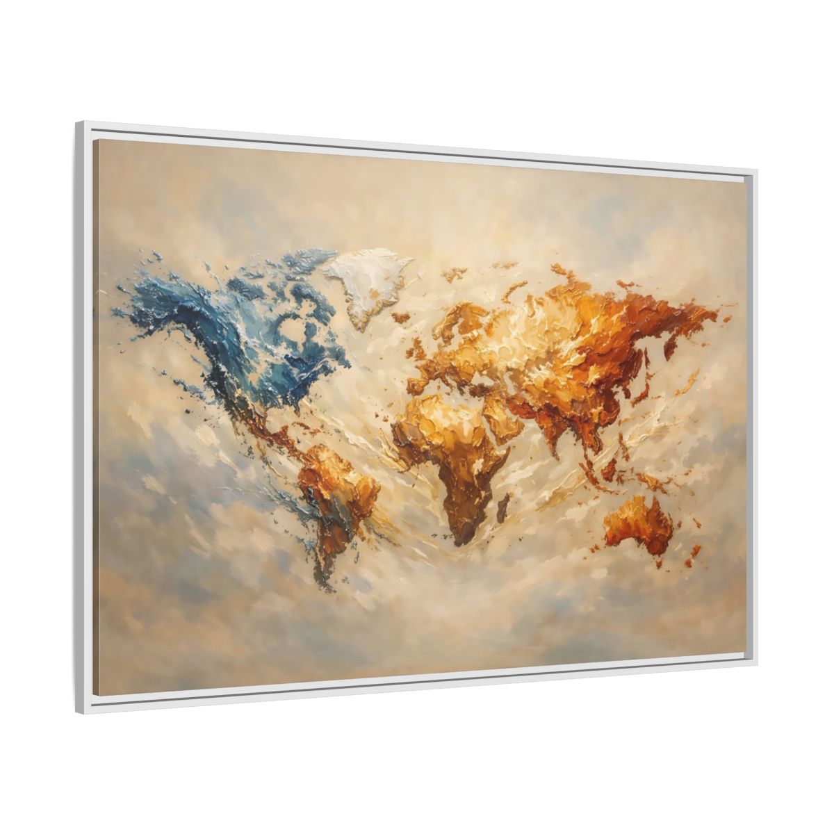 Side Mockup 7. Maps World Map Blue And Gold Map shown as stretched canvas wall art
